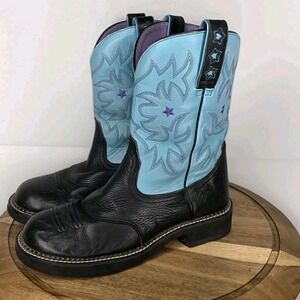 Ariat ProBaby Womens 11B Western Cowboy Boots Black Leather Turquoise Blue Star